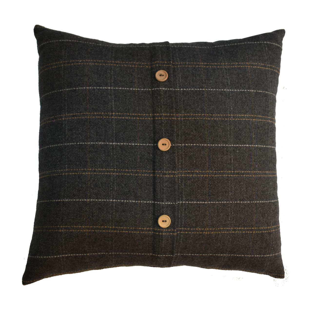 Dark gray plaid pillow with wooden buttons on a white background