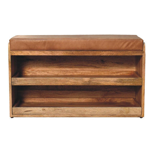 Buffalo Hide Pull out Oak-ish Shoe Storage Bench-1