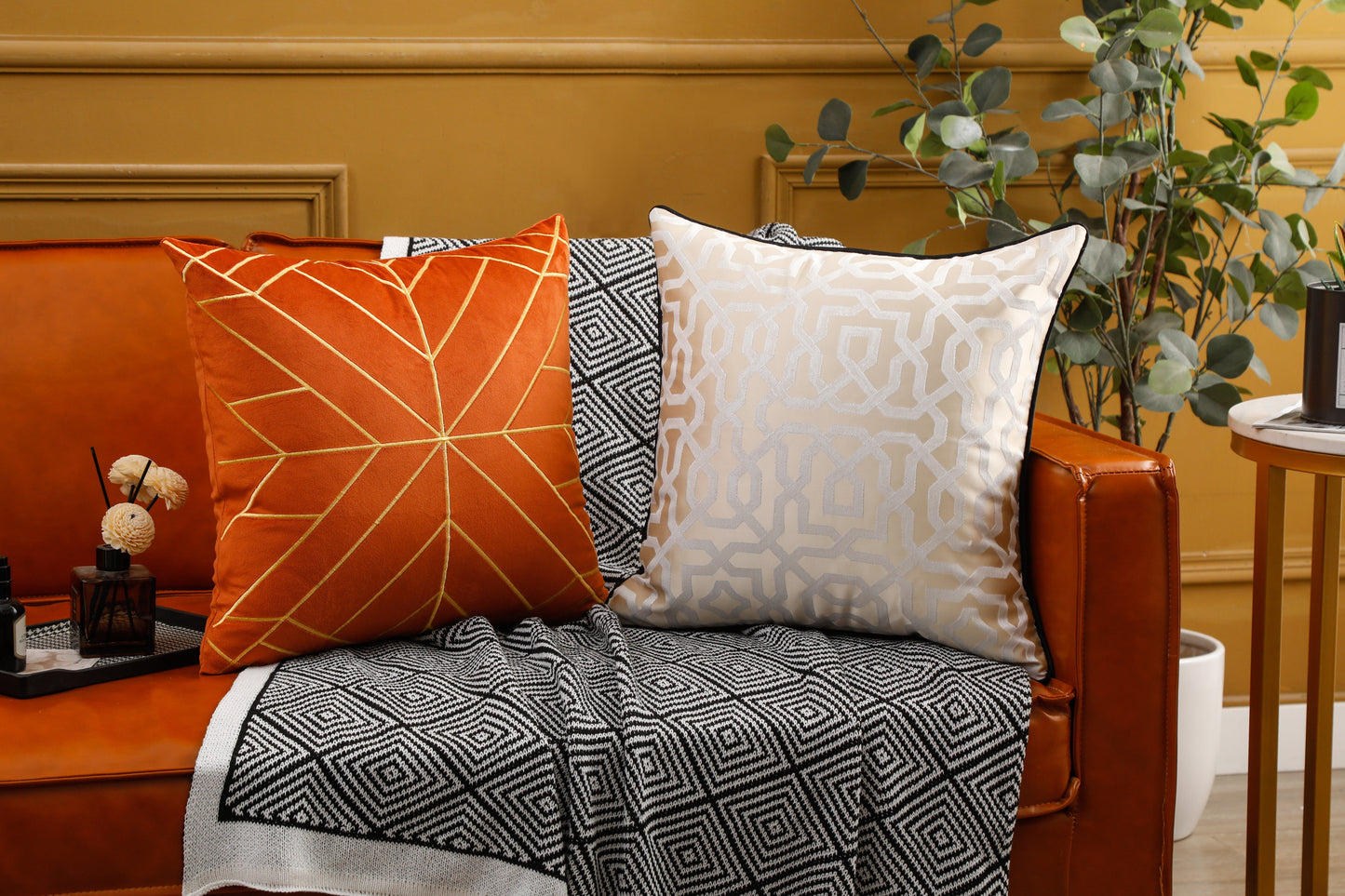 Gold Embroidery Velvet Cushion Cover (18x18" - 45x45 cm) - Orange Colour-4