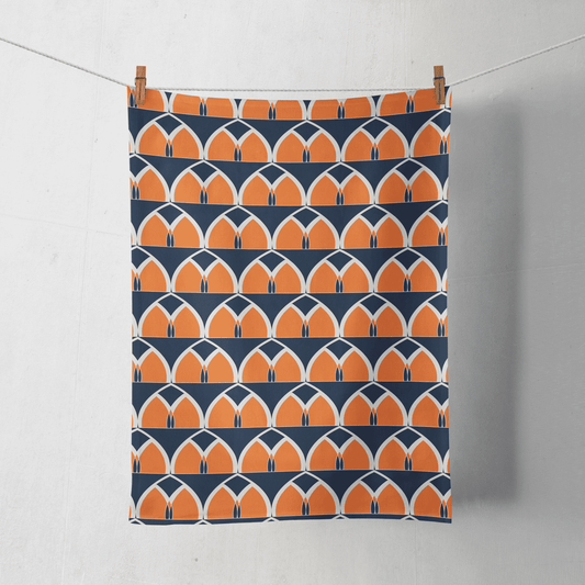 Blue and Orange Tea Towel with a Geometric Arches Design, Dish Towel, Kitchen Towel