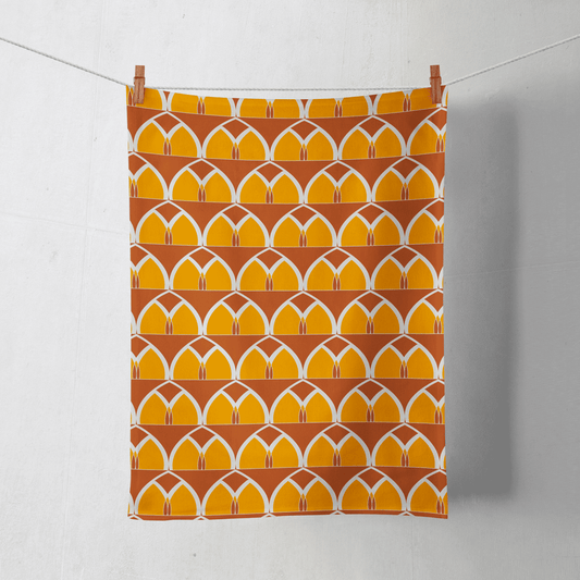 Orange and Yellow Tea Towel with a Geometric Arches Design, Dish Towel, Kitchen Towel