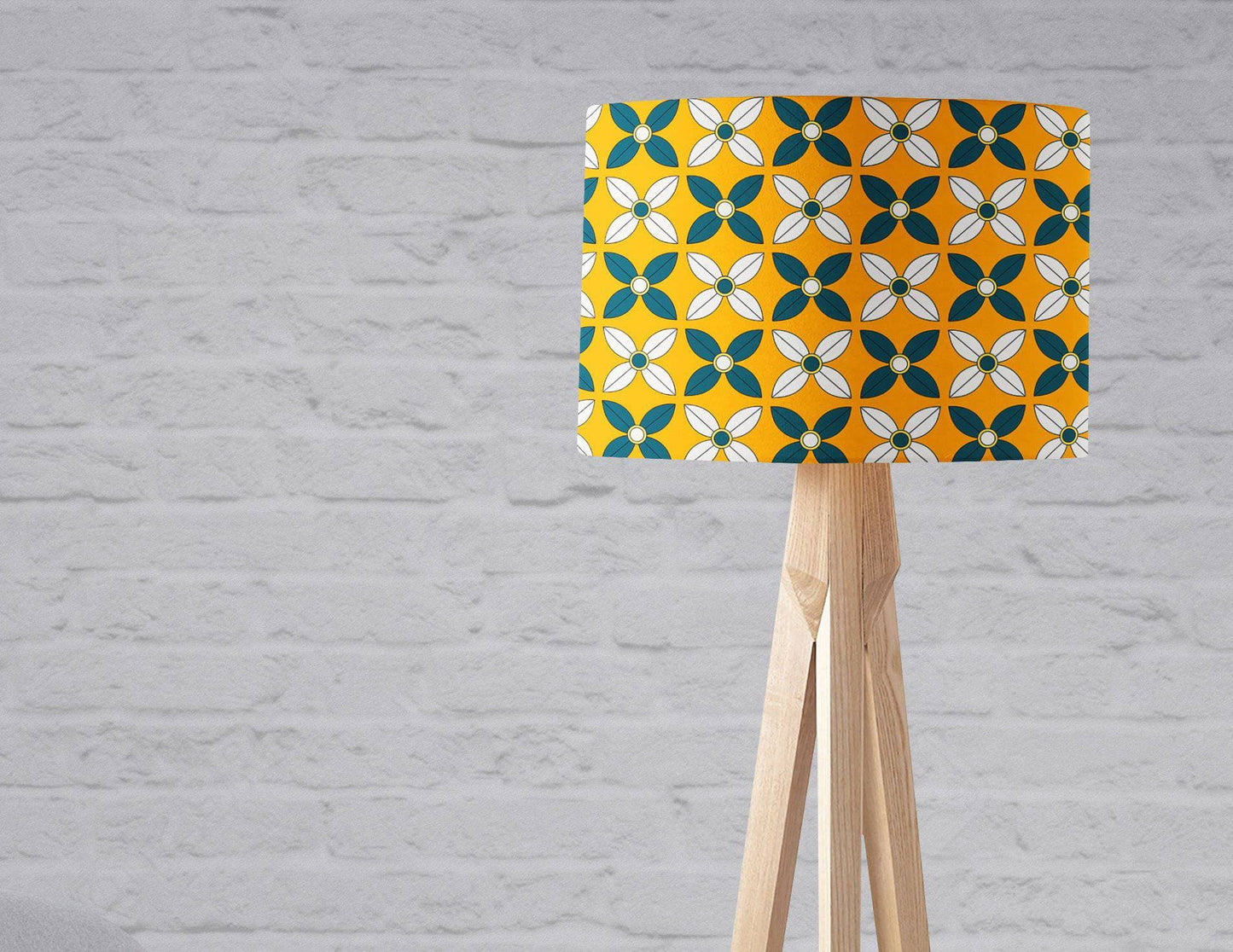Yellow Lampshade with a Retro Blue and White Design, Ceiling or Table Lamp Shade