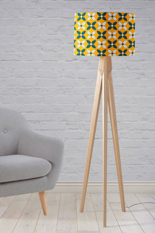 Yellow Lampshade with a Retro Blue and White Design, Ceiling or Table Lamp Shade