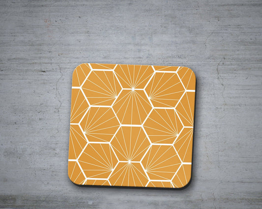 Butterscotch Coasters with a White Hexagon Design, Table Decor Drinks Mat