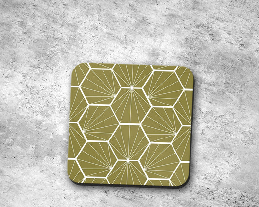 Olive Green Coasters with a White Hexagon Design, Table Decor Drinks Mat