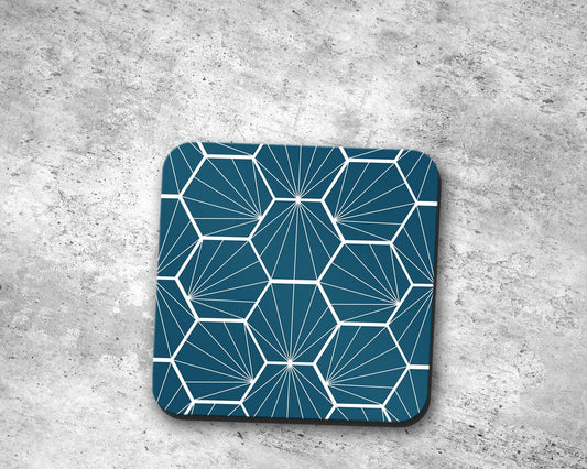 Peacock Blue Coasters with White Hexagon Design, Table Decor Drinks Mat