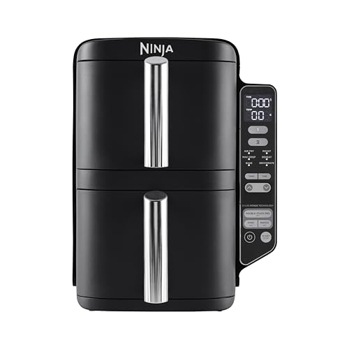 Ninja Double Stack XL Air Fryer, Vertical Dual Drawer Air Fryer with 4 cooking levels, 2 Drawers & 2 Racks, Space Saving Design, 9.5L Capacity, 6 Functions, 8 Portions, Tongs, Black/Copper SL400UKCP