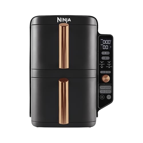 Ninja Double Stack XL Air Fryer, Vertical Dual Drawer Air Fryer with 4 cooking levels, 2 Drawers & 2 Racks, Space Saving Design, 9.5L Capacity, 6 Functions, 8 Portions, Tongs, Black/Copper SL400UKCP