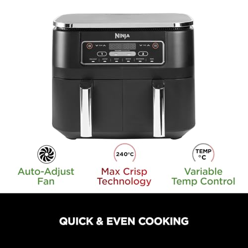 Ninja Double Stack XL Air Fryer, Vertical Dual Drawer Air Fryer with 4 cooking levels, 2 Drawers & 2 Racks, Space Saving Design, 9.5L Capacity, 6 Functions, 8 Portions, Tongs, Black/Copper SL400UKCP