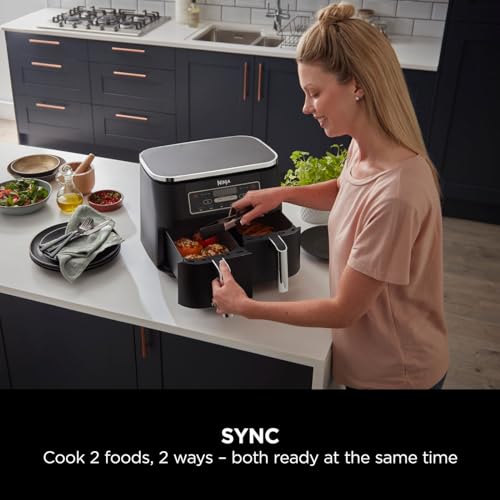 Ninja Double Stack XL Air Fryer, Vertical Dual Drawer Air Fryer with 4 cooking levels, 2 Drawers & 2 Racks, Space Saving Design, 9.5L Capacity, 6 Functions, 8 Portions, Tongs, Black/Copper SL400UKCP