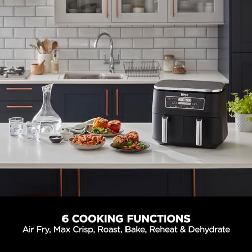 Ninja Double Stack XL Air Fryer, Vertical Dual Drawer Air Fryer with 4 cooking levels, 2 Drawers & 2 Racks, Space Saving Design, 9.5L Capacity, 6 Functions, 8 Portions, Tongs, Black/Copper SL400UKCP