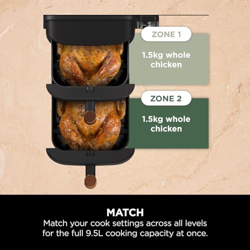 Ninja Foodi MAX Dual Zone Digital Air Fryer, 2 Drawers, 9.5L, 6-in-1, Uses No Oil, Max Crisp, Roast, Bake, Reheat, Dehydrate, Cook 8 Portions, Non-Stick Dishwasher Safe Baskets, Black AF400UK