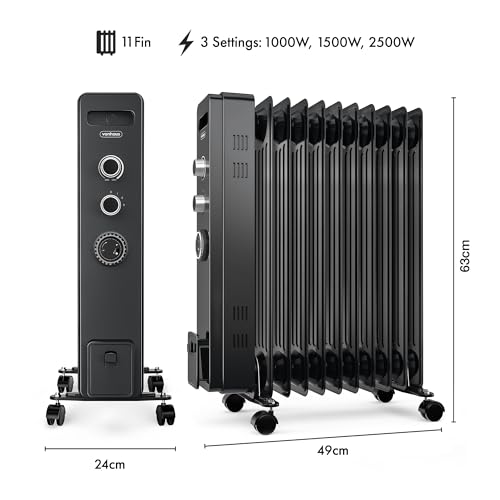 VonHaus Oil Filled Radiator 11 Fin, Heater Portable Electric Free Standing 2500W for Home, Office, Any Room – 24 hour Timer, Adjustable Thermostat, 3 Heat Settings, 4x Wheels, 1.5m Power Cable