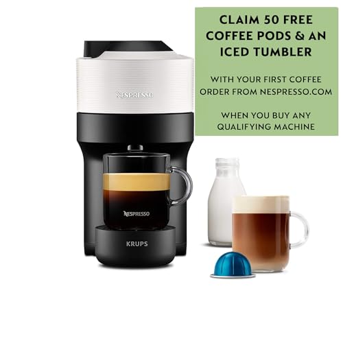 Nespresso Krups Vertuo Pop Coffee Pod Machine, Baritsa Bundle, includes White Vertuo Pop Coffee Pod Machine, 1x Milk Frother, 2x Mugs, 2x spoons, Melozio coffee pods & Chiaro coffee pods