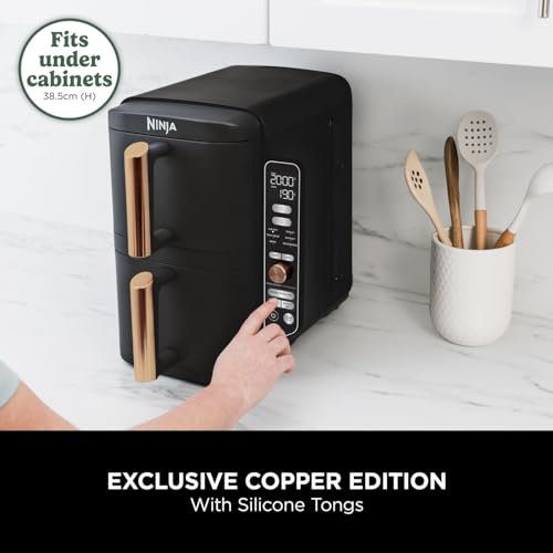 Ninja Double Stack XL Air Fryer, Vertical Dual Drawer Air Fryer with 4 cooking levels, 2 Drawers & 2 Racks, Space Saving Design, 9.5L Capacity, 6 Functions, 8 Portions, Tongs, Black/Copper SL400UKCP