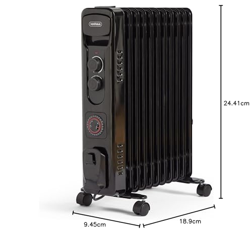 VonHaus Oil Filled Radiator 11 Fin, Heater Portable Electric Free Standing 2500W for Home, Office, Any Room – 24 hour Timer, Adjustable Thermostat, 3 Heat Settings, 4x Wheels, 1.5m Power Cable