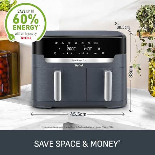 Tefal Easy Fry Dual Zone Digital Air Fryer, 2 Drawers, 8.3L, 8in1, Air Fry, Extra Crisp, Roast, Bake, Reheat, Dehydrate, 6 Portions, Non-Stick, Dishwasher Safe Baskets, Black & Metal EY901840