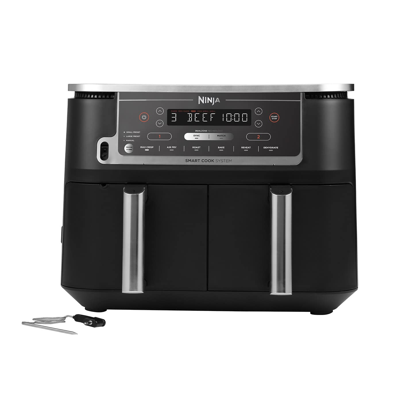 Ninja Double Stack XL Air Fryer, Vertical Dual Drawer Air Fryer with 4 cooking levels, 2 Drawers & 2 Racks, Space Saving Design, 9.5L Capacity, 6 Functions, 8 Portions, Tongs, Black/Copper SL400UKCP