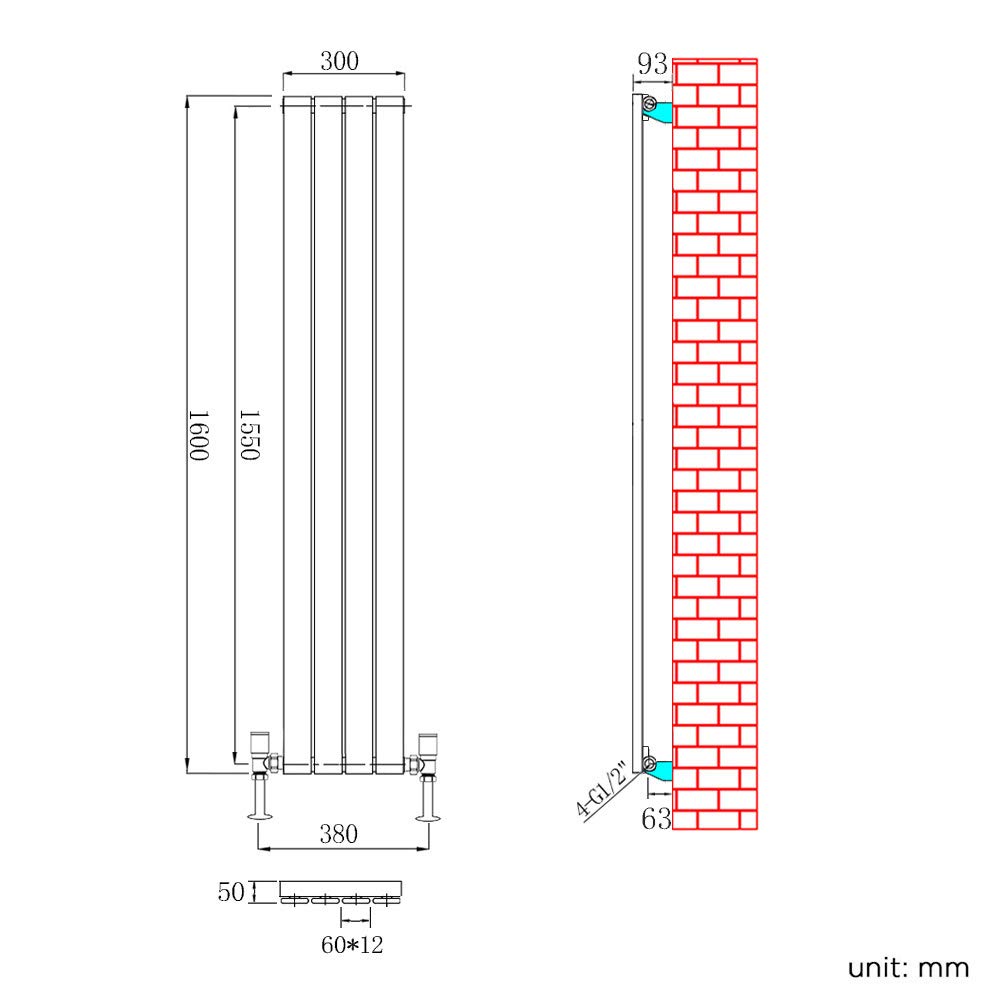 ELEGANT 1600 x 300 mm Vertical Designer Radiator Anthracite Double Flat Panel Column Tall Upright Central Heating Radiators