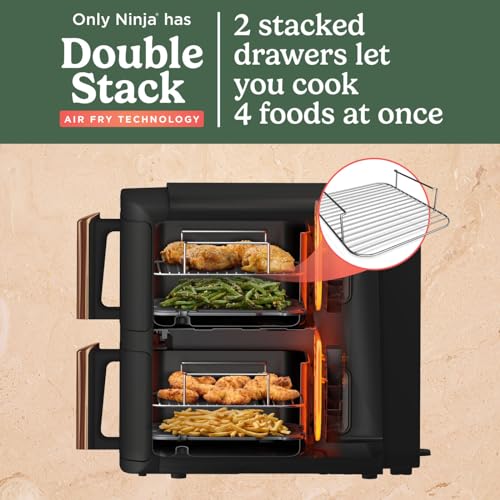 Ninja Double Stack XL Air Fryer, Vertical Dual Drawer Air Fryer with 4 cooking levels, 2 Drawers & 2 Racks, Space Saving Design, 9.5L Capacity, 6 Functions, 8 Portions, Tongs, Black/Copper SL400UKCP