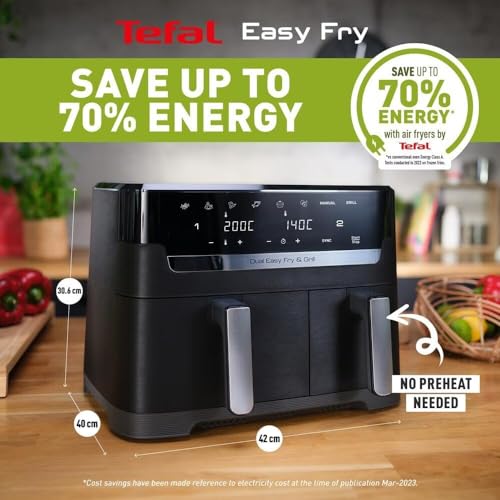 Tefal XXL Dual Easy Fry 11L Air Fryer, Dual Drawer, No Oil, Extra Crisp, Roast, Bake, Reheat, Dehydrate, 7 Pre-set Programs, Dishwasher Safe, 8+ Portions, Java-Grey, EY942BG0