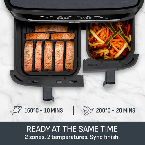 Tefal Easy Fry Dual Zone Digital Air Fryer, 2 Drawers, 8.3L, 8in1, Air Fry, Extra Crisp, Roast, Bake, Reheat, Dehydrate, 6 Portions, Non-Stick, Dishwasher Safe Baskets, Black & Metal EY901840