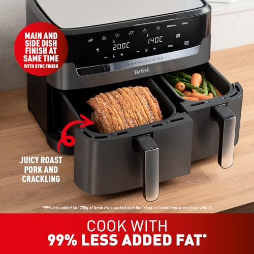 Tefal Easy Fry Dual Zone Digital Air Fryer, 2 Drawers, 8.3L, 8in1, Air Fry, Extra Crisp, Roast, Bake, Reheat, Dehydrate, 6 Portions, Non-Stick, Dishwasher Safe Baskets, Black & Metal EY901840