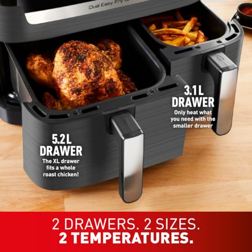 Tefal Easy Fry Dual Zone Digital Air Fryer, 2 Drawers, 8.3L, 8in1, Air Fry, Extra Crisp, Roast, Bake, Reheat, Dehydrate, 6 Portions, Non-Stick, Dishwasher Safe Baskets, Black & Metal EY901840