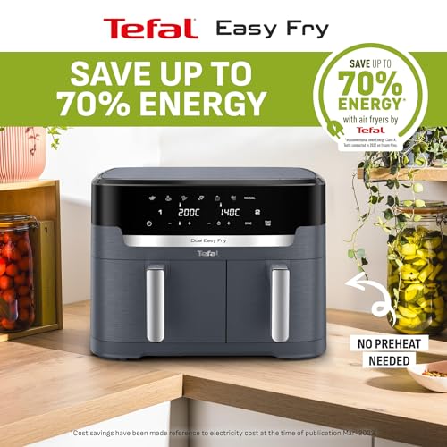 Tefal Easy Fry Dual Zone Digital Air Fryer, 2 Drawers, 8.3L, 8in1, Air Fry, Extra Crisp, Roast, Bake, Reheat, Dehydrate, 6 Portions, Non-Stick, Dishwasher Safe Baskets, Black & Metal EY901840