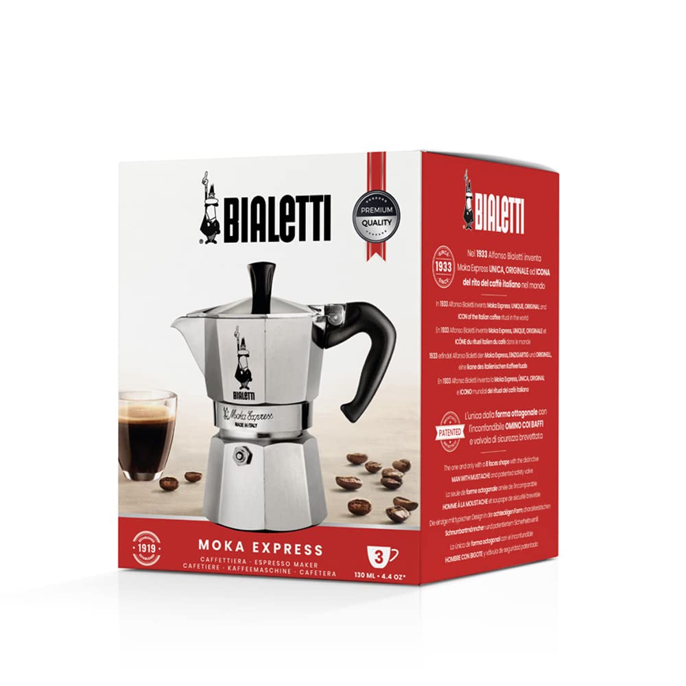 Bialetti Moka Express Aluminium Stovetop Coffee Maker, Silver, 1 Cup
