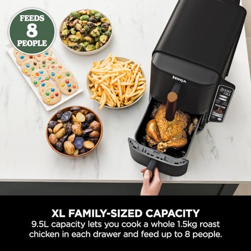 Ninja Double Stack XL Air Fryer, Vertical Dual Drawer Air Fryer with 4 cooking levels, 2 Drawers & 2 Racks, Space Saving Design, 9.5L Capacity, 6 Functions, 8 Portions, Tongs, Black/Copper SL400UKCP