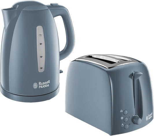Russell Hobbs 21274 Textures Kettle, Plastic, 3000 W, 1.7 Litres, Grey with Hobbs 21644 Textures Toaster, Plastic, 850 W, Grey