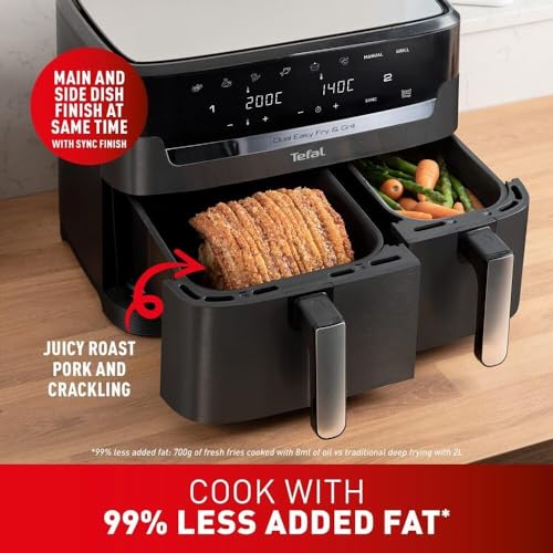 Tefal XXL Dual Easy Fry 11L Air Fryer, Dual Drawer, No Oil, Extra Crisp, Roast, Bake, Reheat, Dehydrate, 7 Pre-set Programs, Dishwasher Safe, 8+ Portions, Java-Grey, EY942BG0