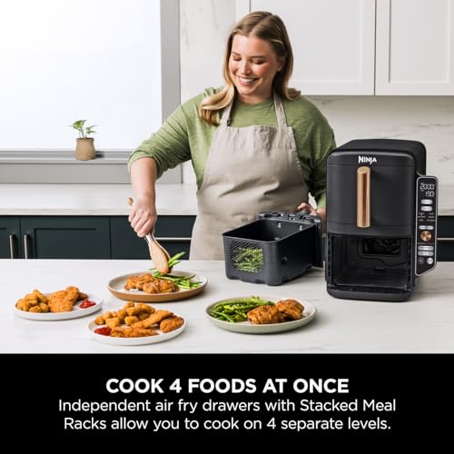 Ninja Double Stack XL Air Fryer, Vertical Dual Drawer Air Fryer with 4 cooking levels, 2 Drawers & 2 Racks, Space Saving Design, 9.5L Capacity, 6 Functions, 8 Portions, Tongs, Black/Copper SL400UKCP