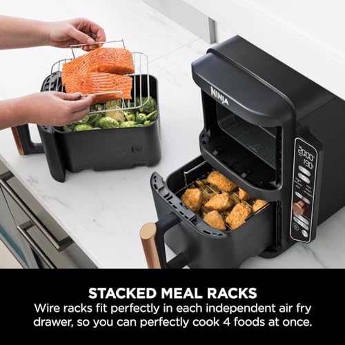 Ninja Double Stack XL Air Fryer, Vertical Dual Drawer Air Fryer with 4 cooking levels, 2 Drawers & 2 Racks, Space Saving Design, 9.5L Capacity, 6 Functions, 8 Portions, Tongs, Black/Copper SL400UKCP