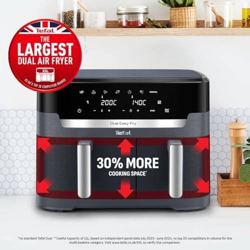 Tefal XXL Dual Easy Fry 11L Air Fryer, Dual Drawer, No Oil, Extra Crisp, Roast, Bake, Reheat, Dehydrate, 7 Pre-set Programs, Dishwasher Safe, 8+ Portions, Java-Grey, EY942BG0