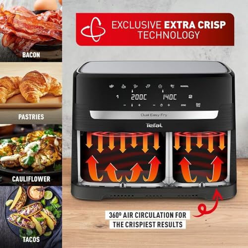 Tefal XXL Dual Easy Fry 11L Air Fryer, Dual Drawer, No Oil, Extra Crisp, Roast, Bake, Reheat, Dehydrate, 7 Pre-set Programs, Dishwasher Safe, 8+ Portions, Java-Grey, EY942BG0