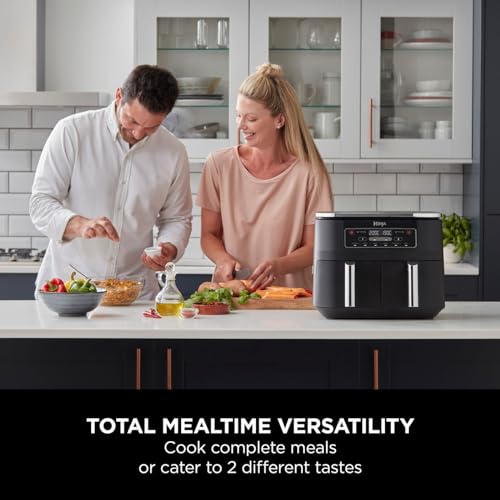 Ninja Double Stack XL Air Fryer, Vertical Dual Drawer Air Fryer with 4 cooking levels, 2 Drawers & 2 Racks, Space Saving Design, 9.5L Capacity, 6 Functions, 8 Portions, Tongs, Black/Copper SL400UKCP