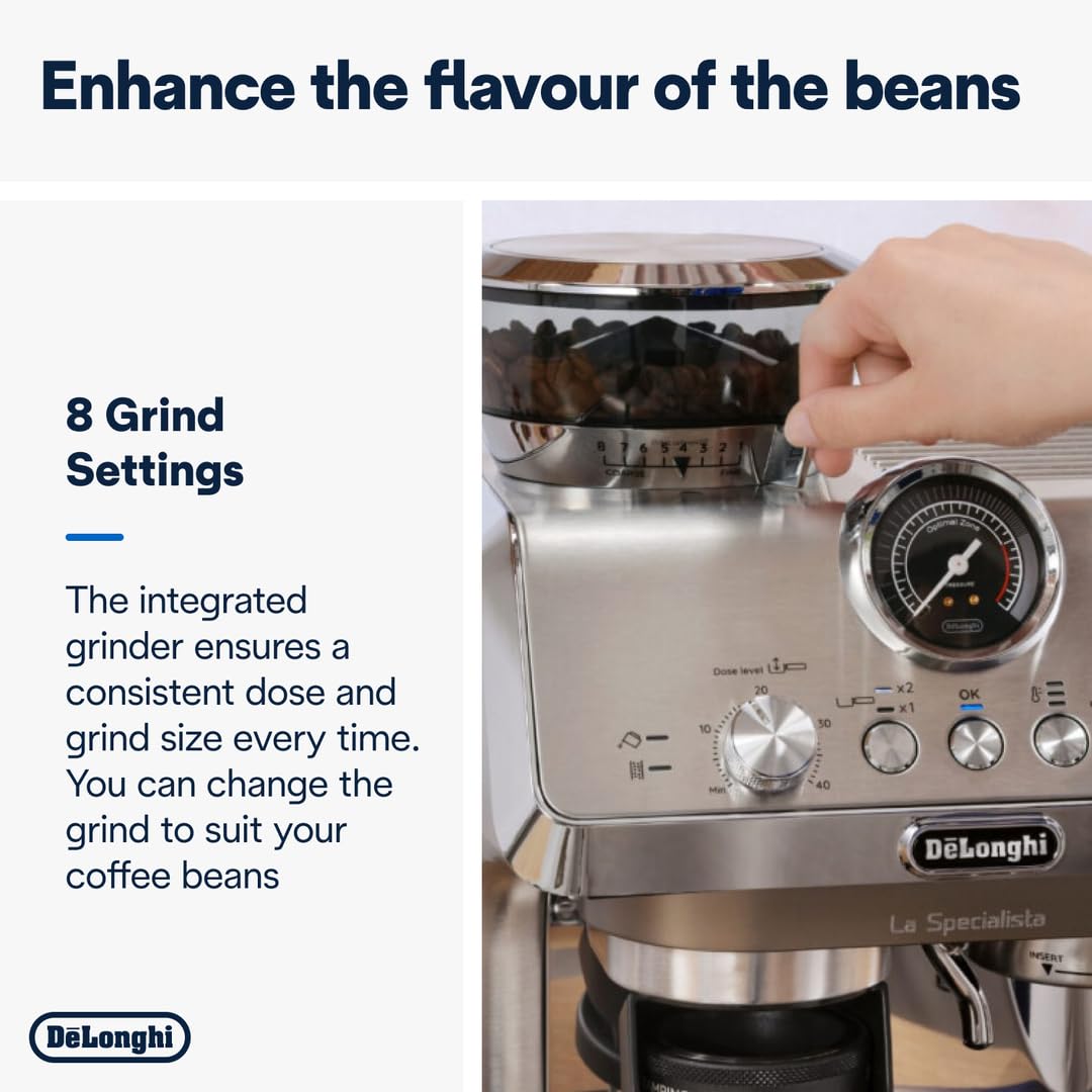 De'Longhi La Specialista Metal Barista Pump Espresso Machine, Bean to Cup Coffee and Cappuccino Maker, EC9155.MB, 1450W, Silver