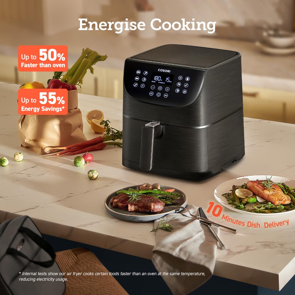 COSORI 5.5L Smart Air Fryer Oven, 200 Recipes(Cookbook & Online), APP Control, Square & Removable Basket, 13 Cooking Functions, Roast, Bake, Reheat, Dishwasher Safe, Black