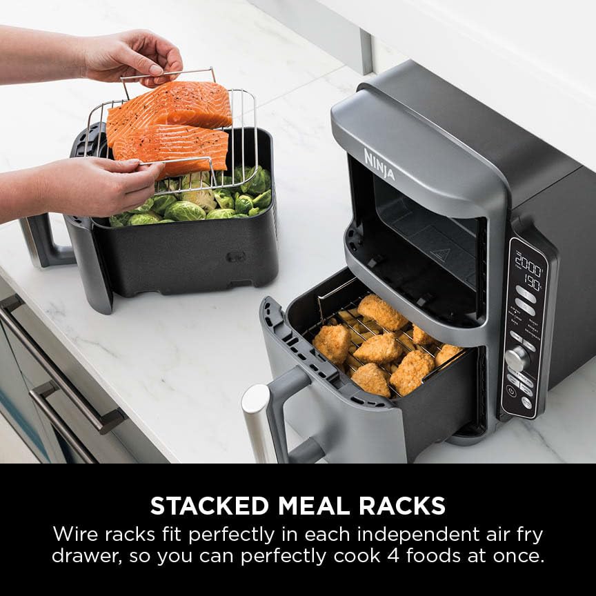 Ninja Double Stack XL Air Fryer, Vertical Dual Drawer AirFryer with 4 cooking levels, 2 Drawers and 2 Racks, Space Saving Design, 9.5L Capacity, 6 Cooking Functions, 8 Portions, Grey SL400UK