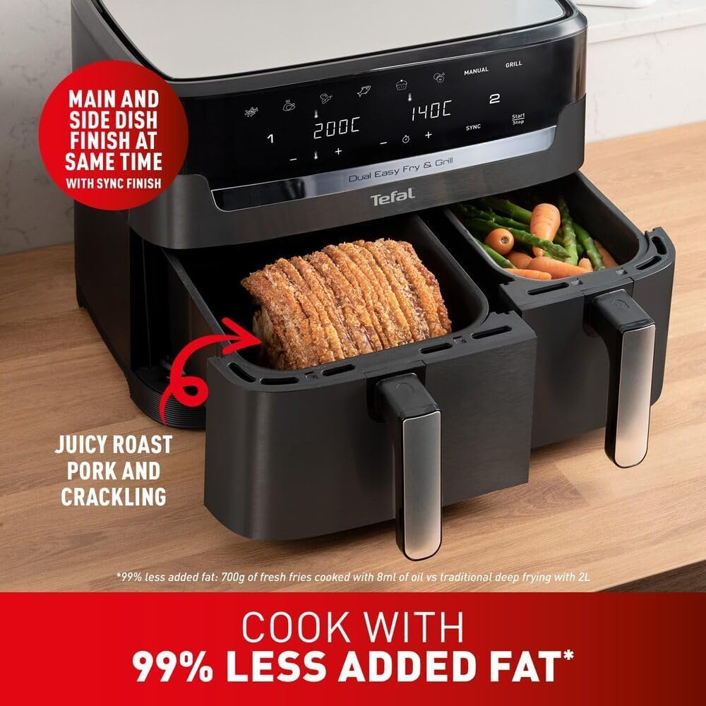 Tefal Easy Fry Dual Zone Digital Air Fryer, 2 Drawers, 8.3L, 8in1, Air Fry, Extra Crisp, Roast, Bake, Reheat, Dehydrate, 6 Portions, Non-Stick, Dishwasher Safe Baskets, Black & Metal EY901840