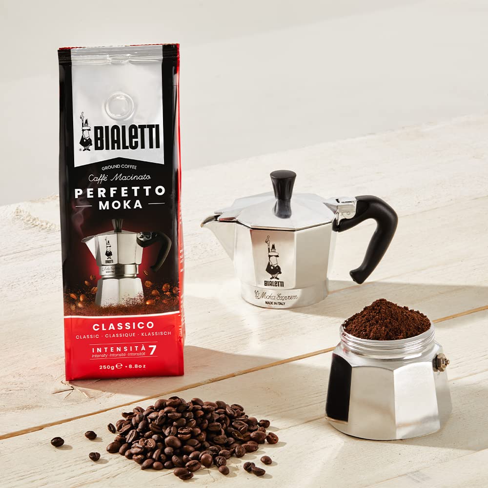 Bialetti Moka Express Espresso Maker for 6 Cups plus 250 g Perfect Moka Non-Induction 6 Cups (250 ml) Aluminium