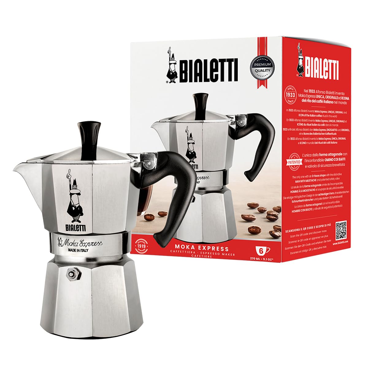 Bialetti Moka Express Aluminium Stovetop Coffee Maker, Silver, 1 Cup