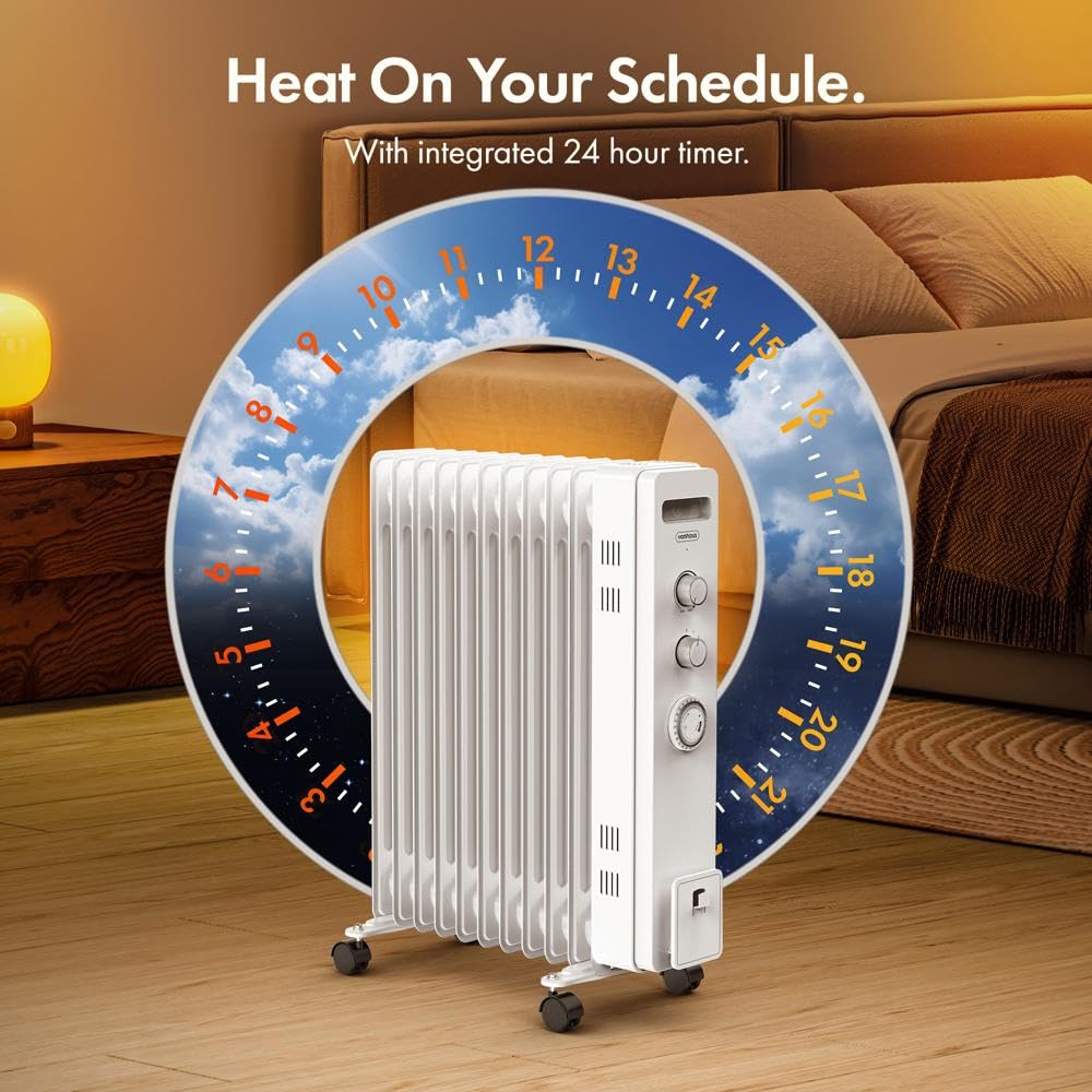 VonHaus Oil Filled Radiator 11 Fin, Heater Portable Electric Free Standing 2500W for Home, Office, Any Room – 24 hour Timer, Adjustable Thermostat, 3 Heat Settings, 4x Wheels, 1.5m Power Cable