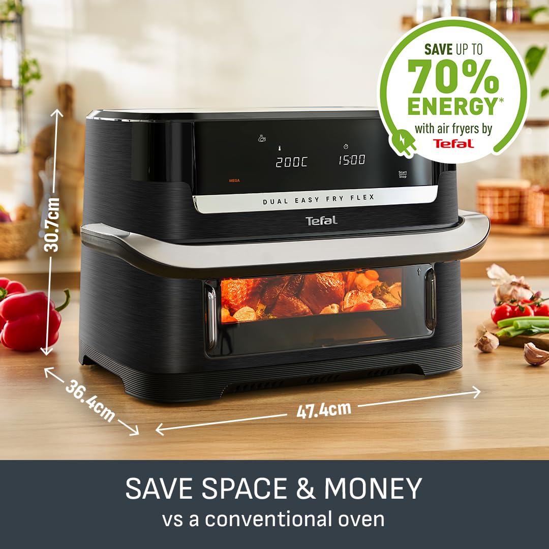 Tefal Easy Fry Dual Zone Digital Air Fryer, 2 Drawers, 8.3L, 8in1, Air Fry, Extra Crisp, Roast, Bake, Reheat, Dehydrate, 6 Portions, Non-Stick, Dishwasher Safe Baskets, Black & Metal EY901840