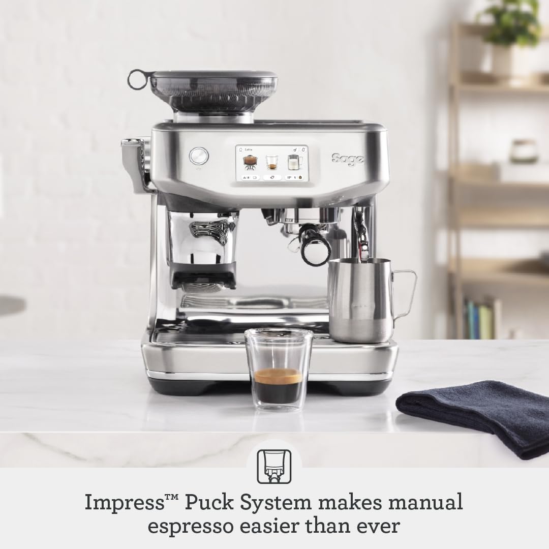 Sage - The Barista Touch Impress - Bean to Cup Coffee Machine with Grinder and Milk Frother, Cappuchino, Latte, Espresso Maker, Easy to Use, 8 Presets, With Milk Jug, 1700 W, Brushed Stainless Steel