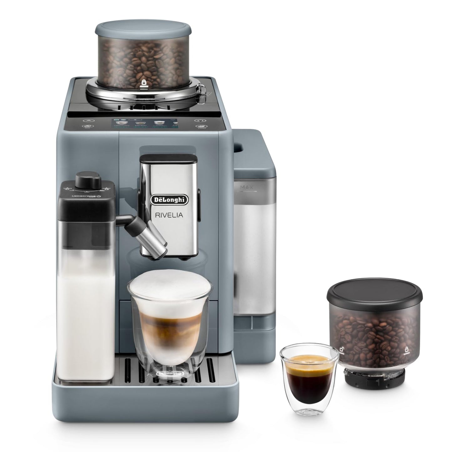 Delonghi Rivelia EXAM440.55.G, Fully Automatic Coffee Machine with LatteCrema Hot, Automatic Milk Frother, Compact Size Bean to Cup Coffee Machine, 16 Recipes, Full Touch Colored Display, Pebble Grey