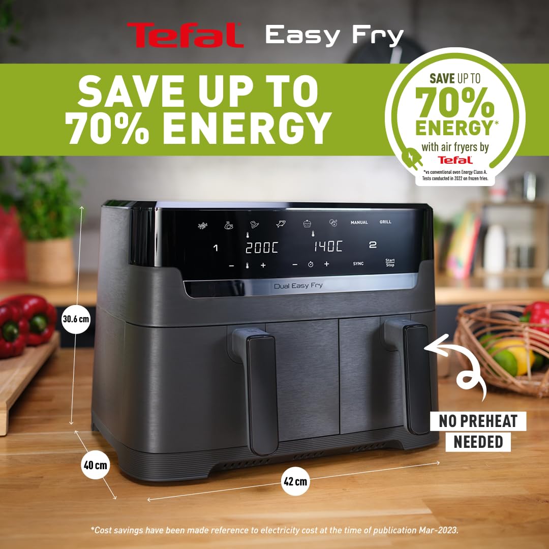 Tefal Easy Fry Dual Zone Digital Air Fryer, 2 Drawers, 8.3L, 8in1, Air Fry, Extra Crisp, Roast, Bake, Reheat, Dehydrate, 6 Portions, Non-Stick, Dishwasher Safe Baskets, Black & Metal EY901840