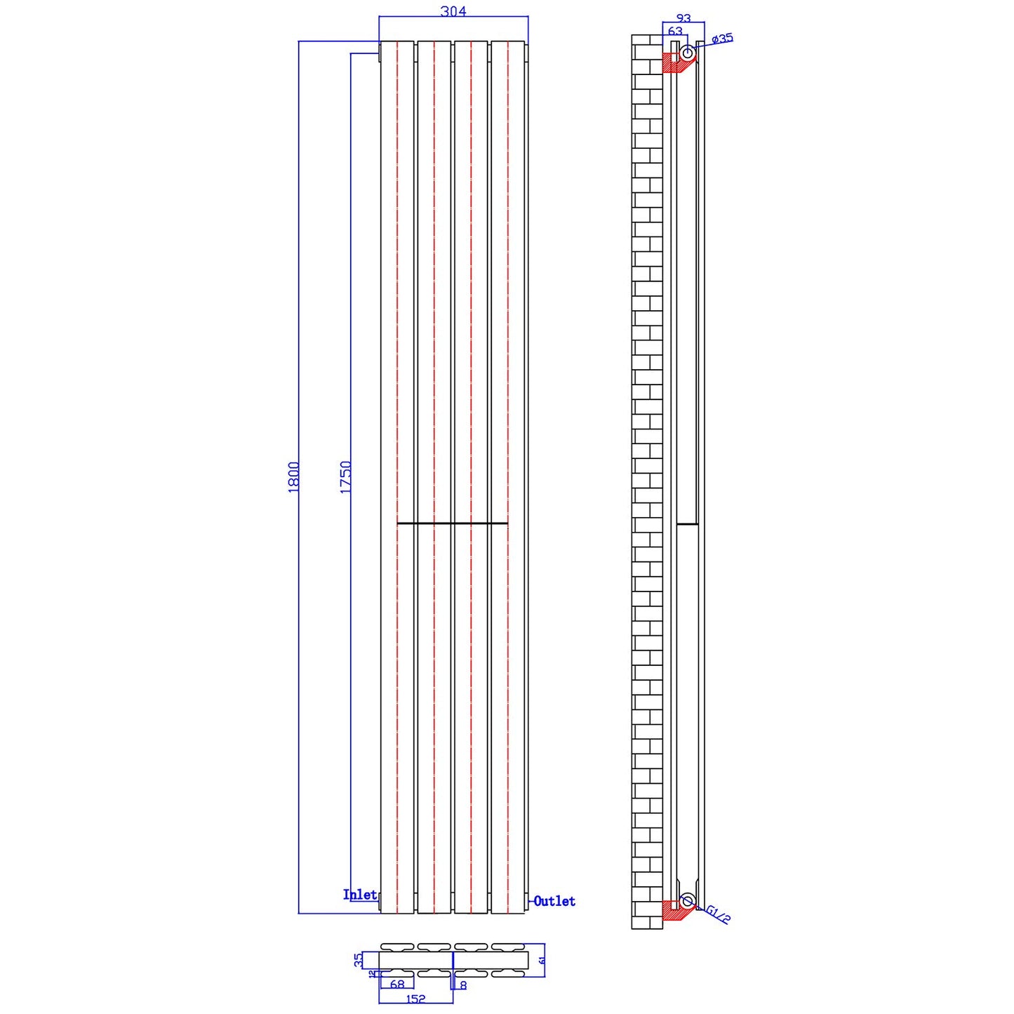 ELEGANT Radiators Vertical White Tall Single Bathroom Kitchen Designer Radiator Flat Panel 1800 x 452 mm